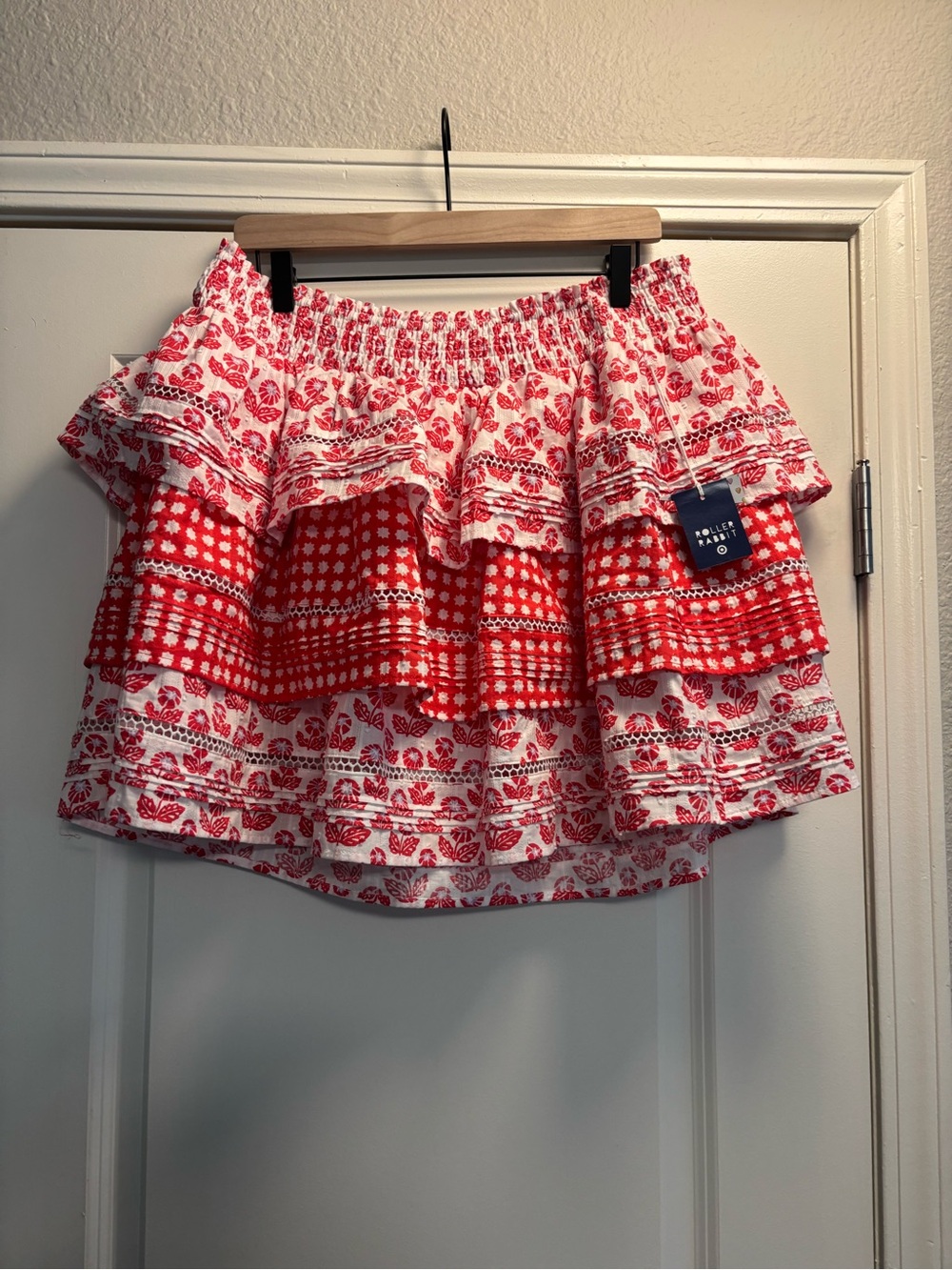 Roller Rabbit Red and White Floral Tiered Mini Skirt NWT size XL
